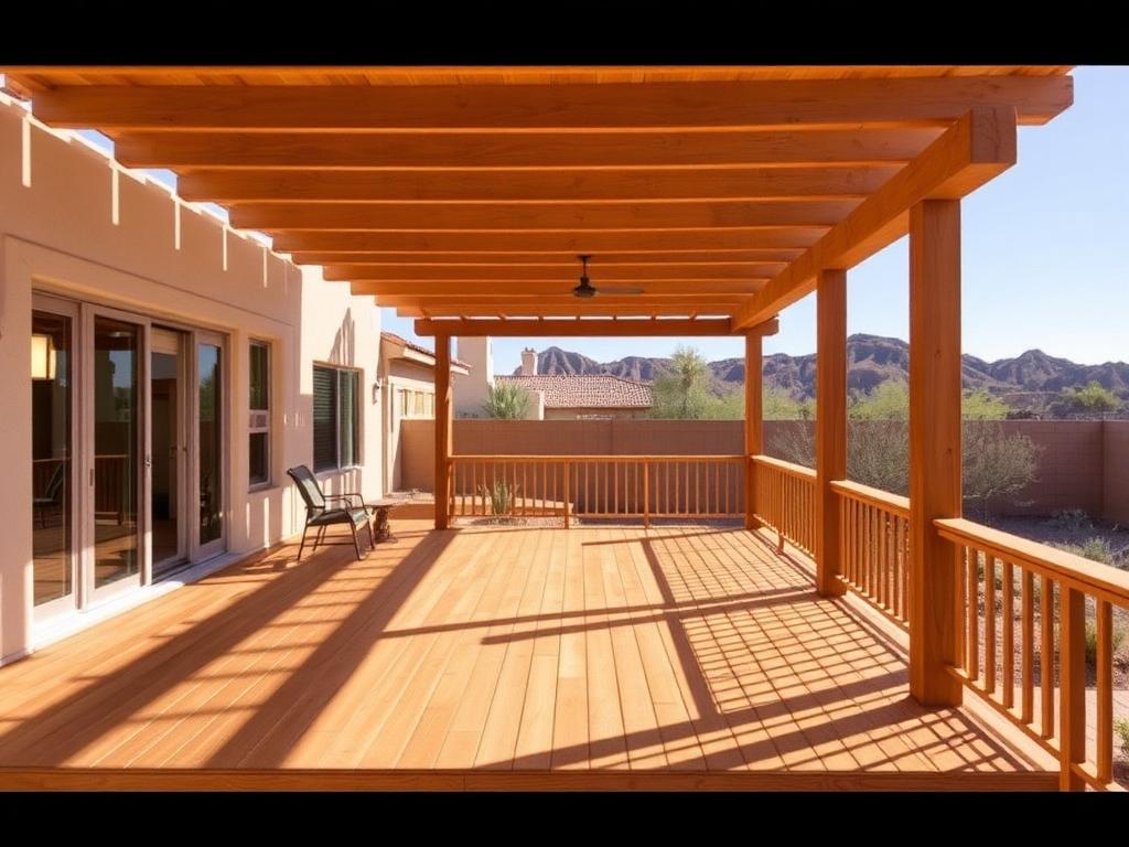 Completed wooden deck and pergola in desert backyard
